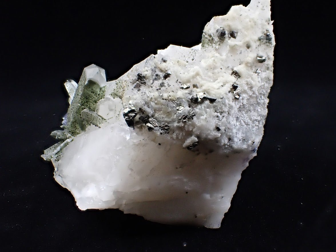 Fluorite on Quartz with Chlorite Inclusions + Pyrite | Yaogangxian, China