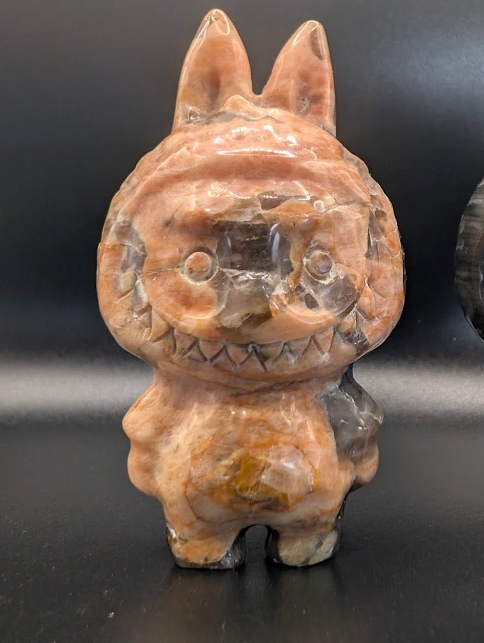 Labubu Carvings | Black Obsidian or Golden Moonstone with Smoky Quartz | Varied Origin