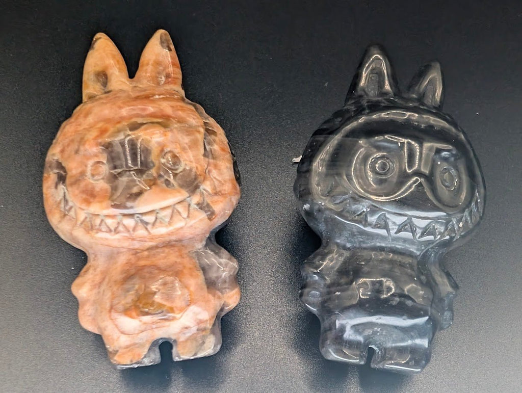 Labubu Carvings | Black Obsidian or Golden Moonstone with Smoky Quartz | Varied Origin