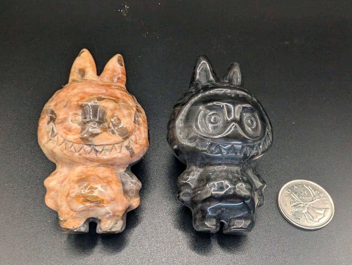 Labubu Carvings | Black Obsidian or Golden Moonstone with Smoky Quartz | Varied Origin