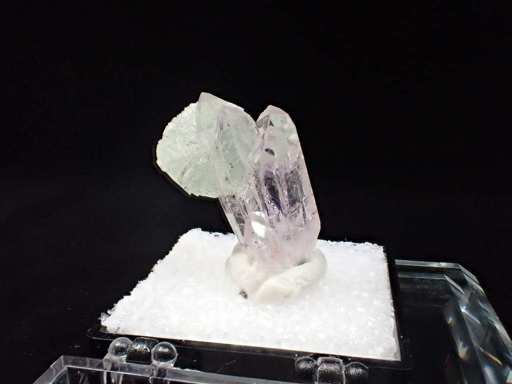 Prehnite on Quartz Cluster – Goboboseb Mountains, Namibia – Green Radial Ball on Clear Crystals (27mm)