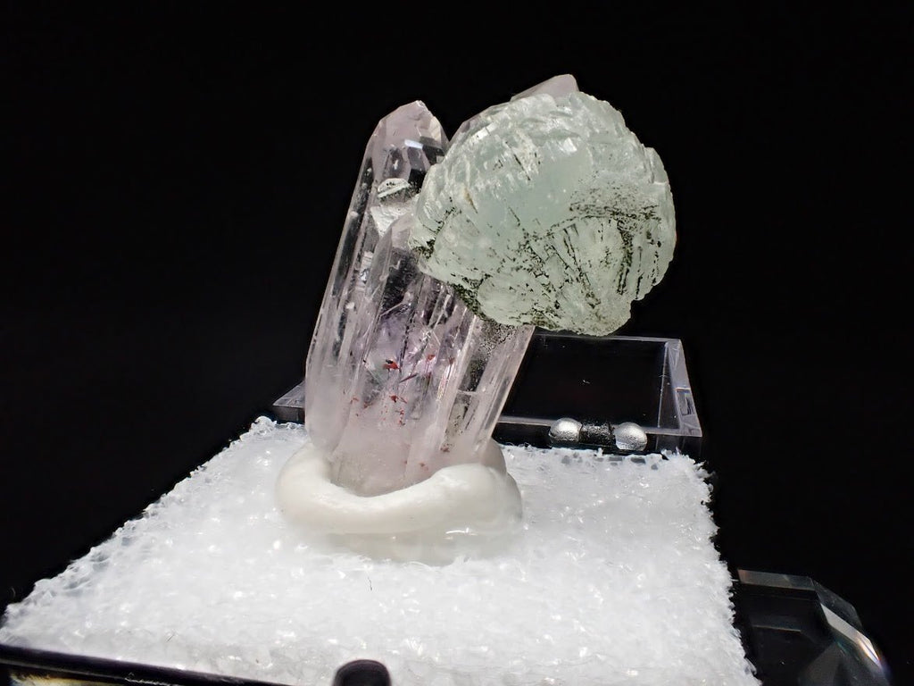 Prehnite on Quartz Cluster – Goboboseb Mountains, Namibia – Green Radial Ball on Clear Crystals (27mm)